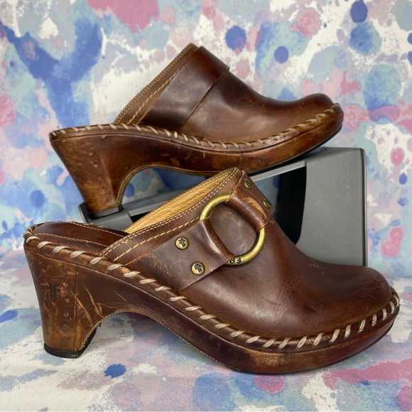 Frye Clogs Womens 6 Brown Leather Charlotte Ring Mules 70770 - Picture 1 of 7